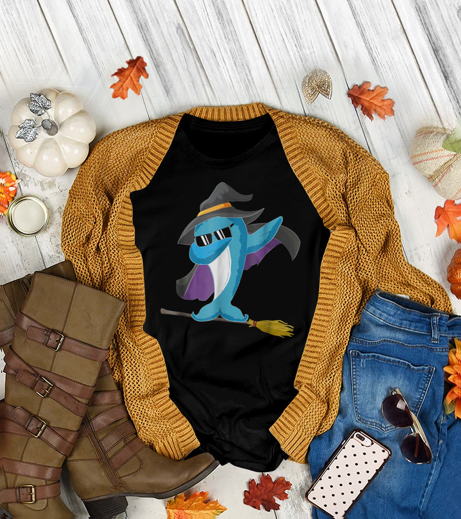 Dolphin Witch Halloween with Sunglasses Riding Broomstick T-Shirt