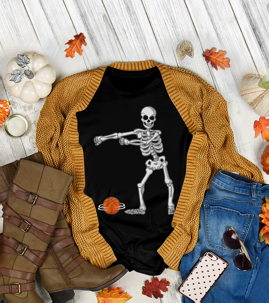 Flossing Skeleton Basketball Dance Funny Halloween T-Shirt