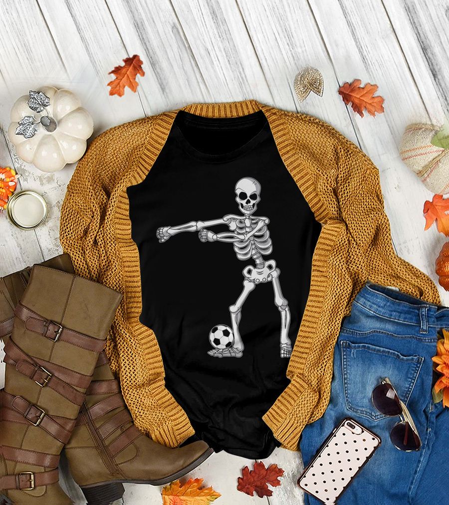 Halloween Skeleton Floss Dance with Soccer Ball Comedy T-Shirt