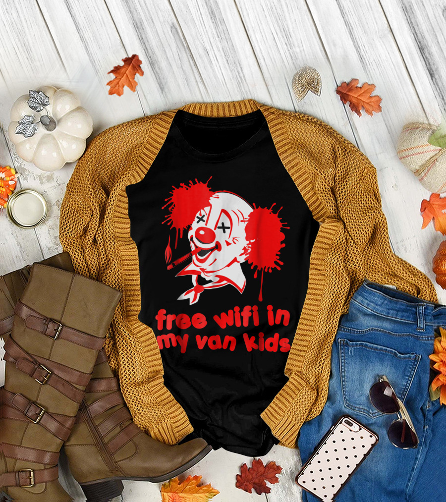 Free WiFi in My Van Kids Funny Evil Clown Halloween Creepy T-Shirt