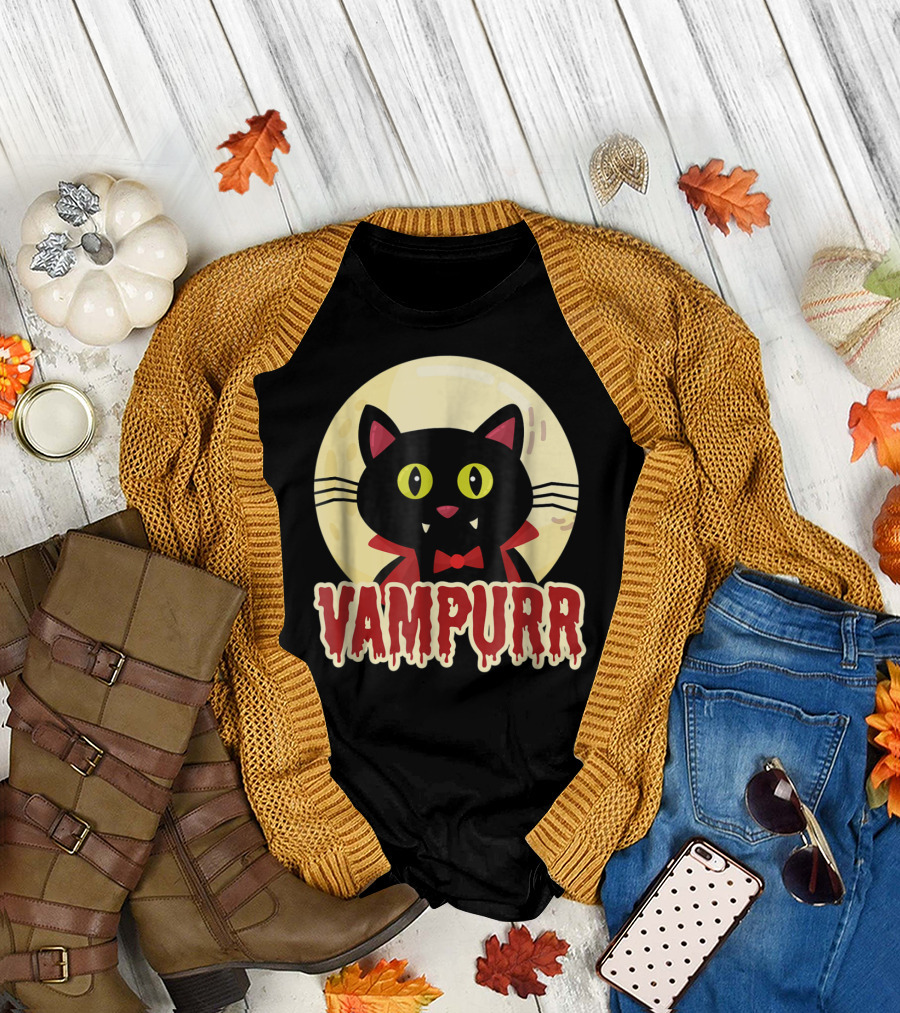 Vampurr Funny Halloween Black Cat Vampire T-Shirt
