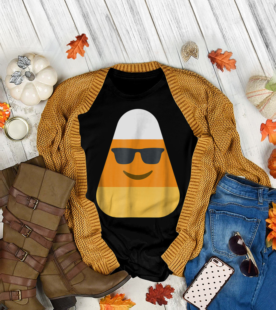 Funny Halloween Candy Corn with Cool Sunglasses Emoji T-Shirt