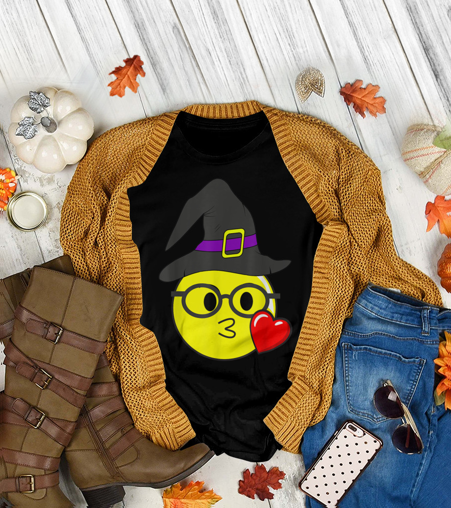 Funny Halloween Emoji Nerd Witch Glasses with Kissing Face and Heart T-Shirt