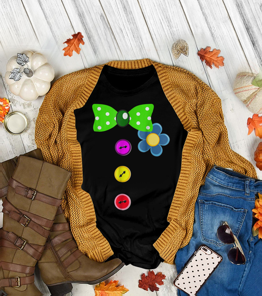 Halloween Clown Tie Costume Green Bowtie Colorful Buttons Flower T-Shirt