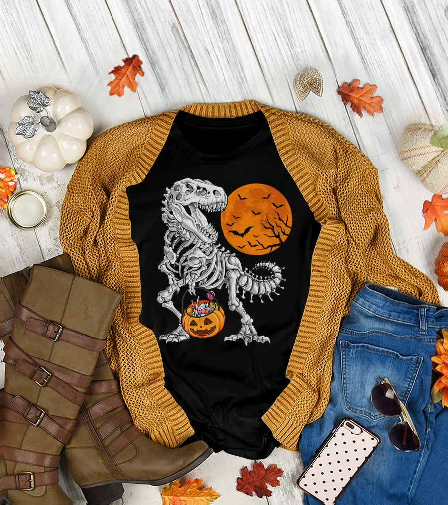 T-Rex Skeleton with Pumpkin Bucket and Full Moon Bats Halloween Scene T-Shirt