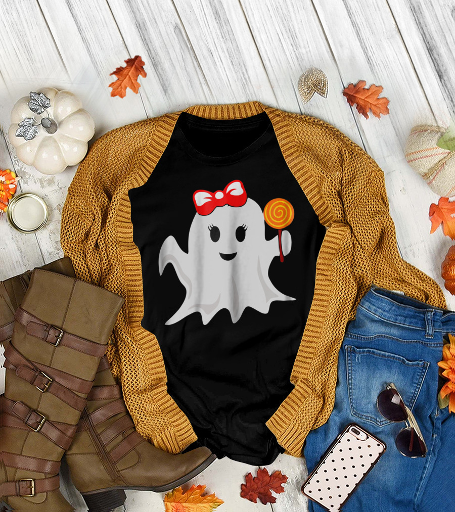 Halloween Ghost Girl Red Bow Lollipop Candy T-Shirt