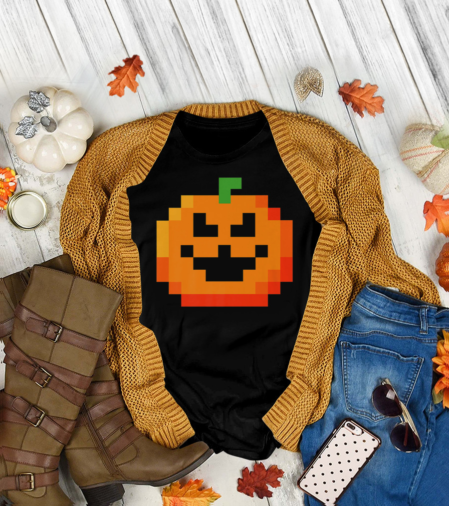 Halloween 8 Bit Pixel Pumpkin Video Gamer T-Shirt