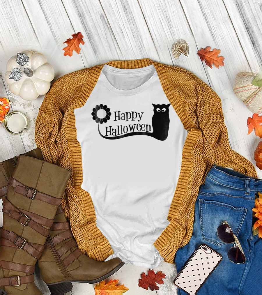 Happy Halloween Black Cat Flower Silhouette Spooky Eyes T-Shirt