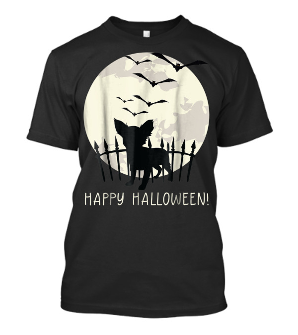 Happy Halloween Chihuahua Silhouette With Full Moon And Bats T-Shirt