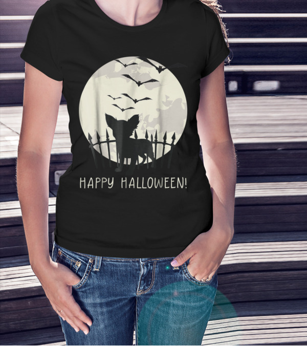 Happy Halloween Chihuahua Silhouette With Full Moon And Bats T-Shirt