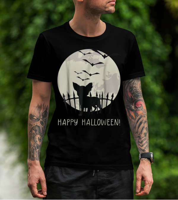 Happy Halloween Chihuahua Silhouette With Full Moon And Bats T-Shirt