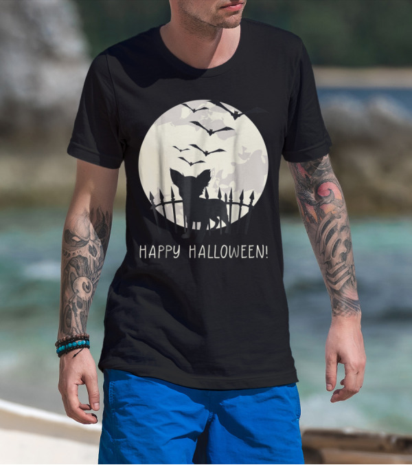 Happy Halloween Chihuahua Silhouette With Full Moon And Bats T-Shirt