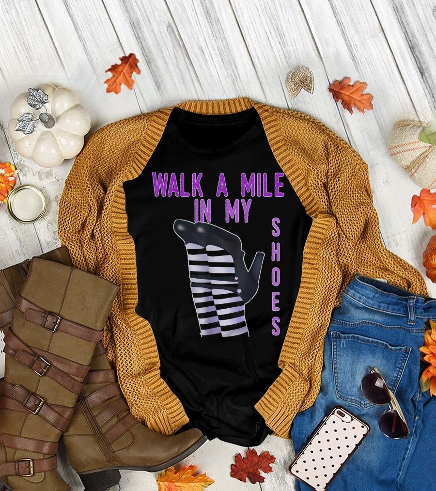 Happy Halloween Walk a Mile in my Shoes Striped Witch Boots T-Shirt