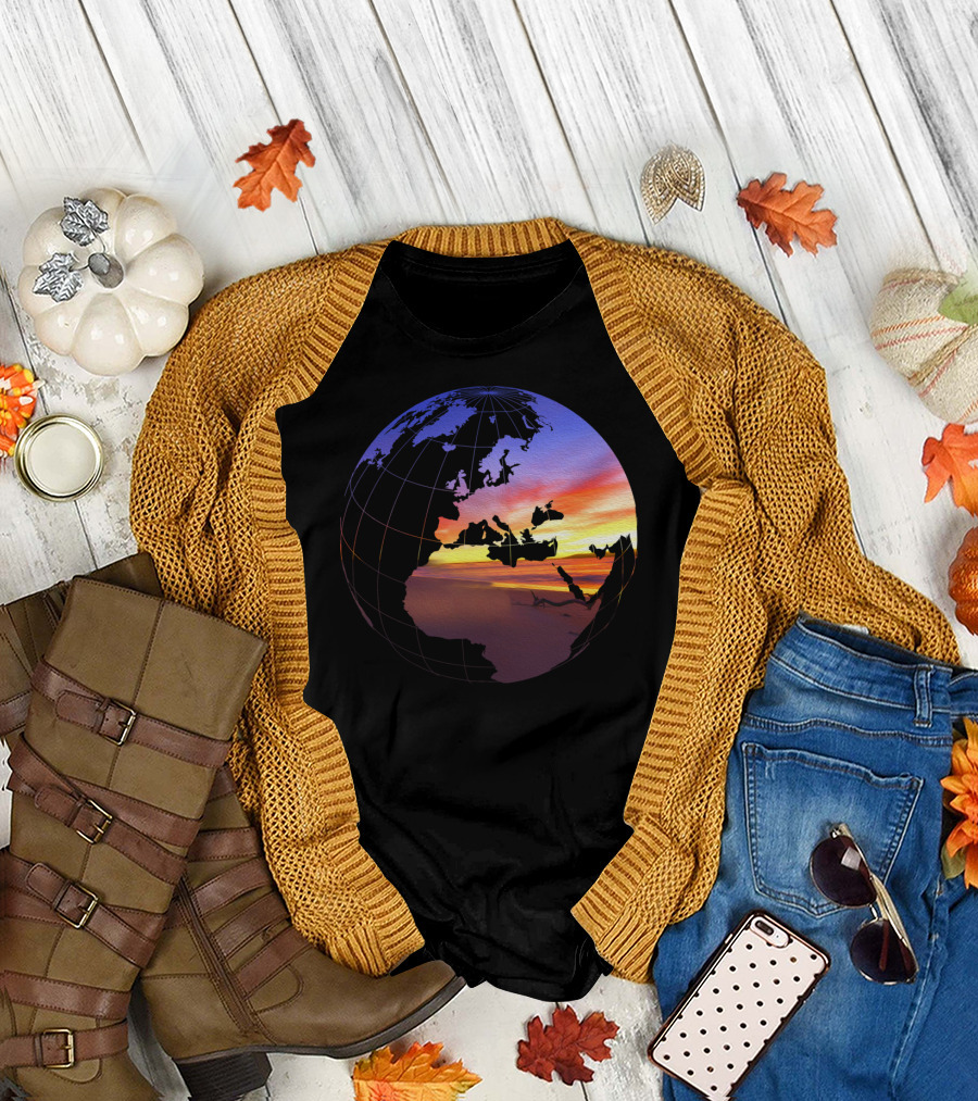 Beach Sunset Tropical Paradise View In A Globe Over World Map T-Shirt