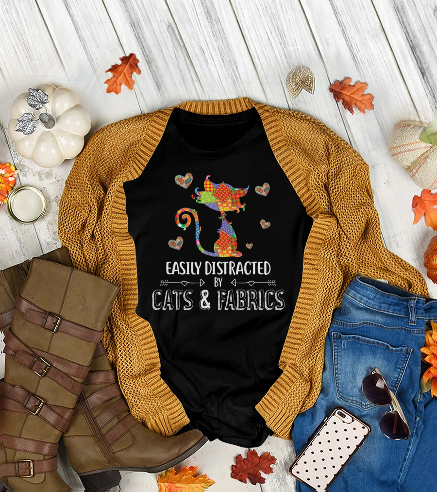 Easily Distracted By Cats and Fabrics Patchwork Hearts T-Shirt