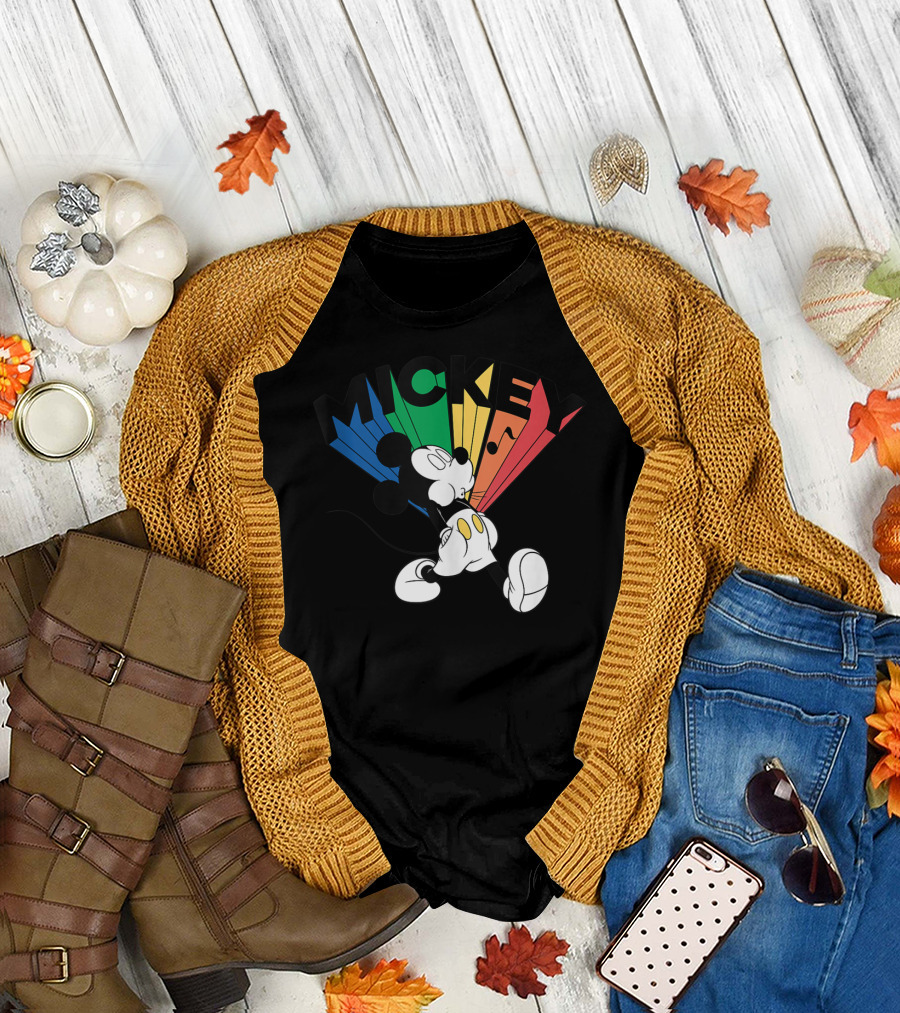 Whistling Mickey Mouse Rainbow Stripes Disney T-Shirt