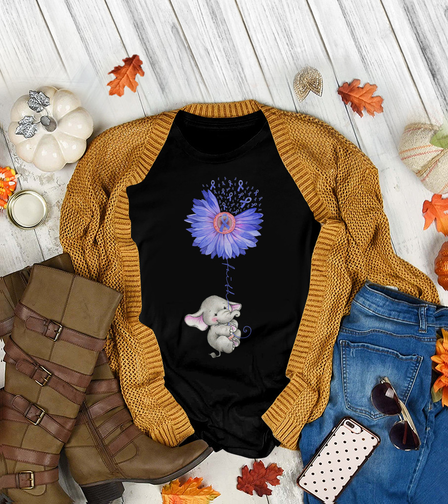 Faith Hope Purple Ribbon Elephant Holding Blue Sunflower T-Shirt