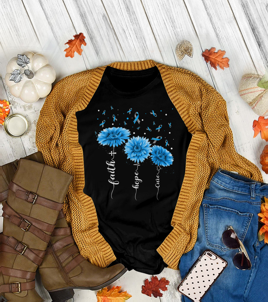 Faith Hope Cure Type 1 Diabetes Blue Sunflower Awareness T-Shirt