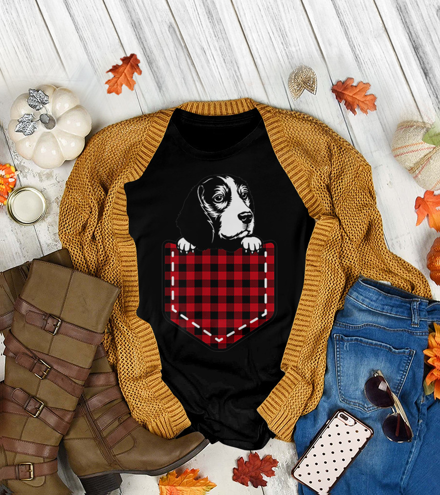 Funny Beagle Dog Lover in Red Plaid Pocket T-Shirt