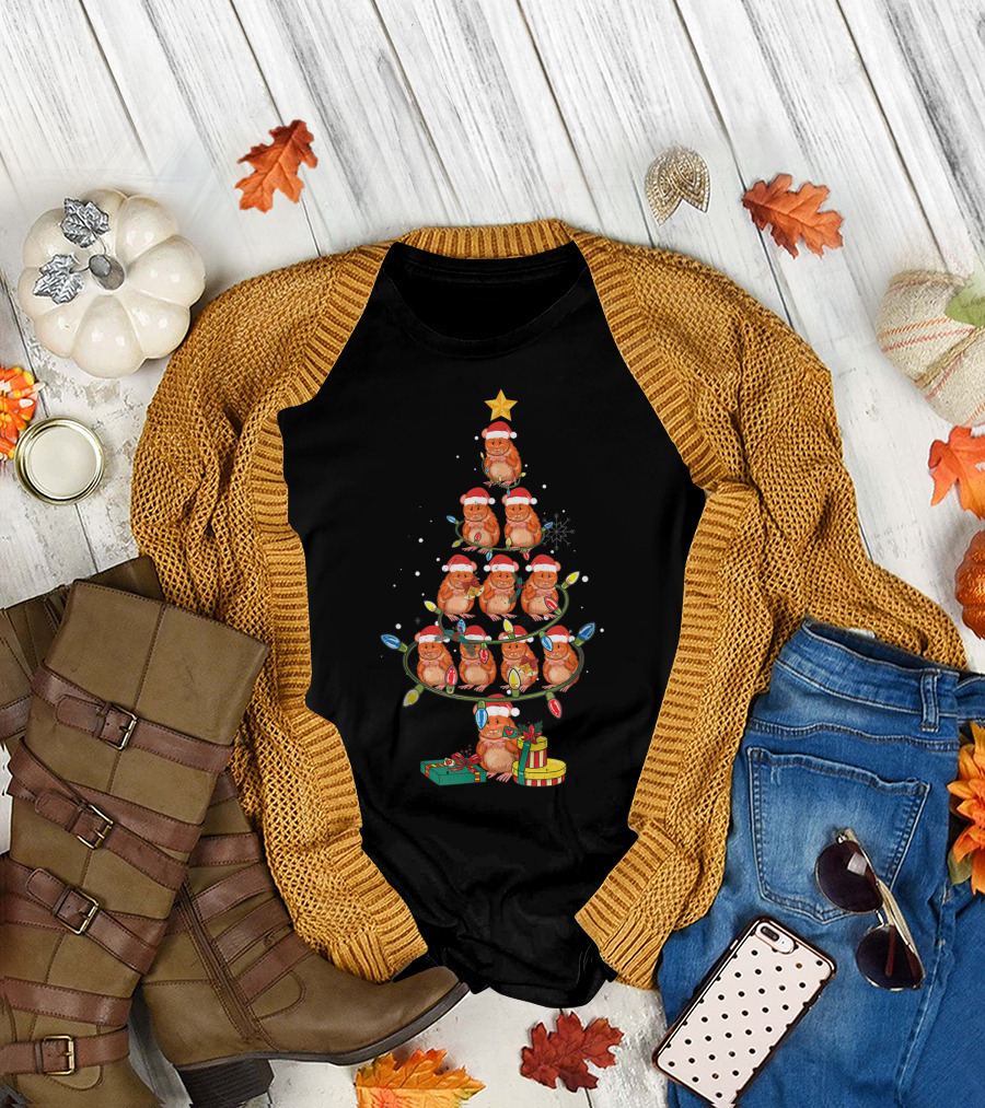 Funny Hamster Christmas Tree with Lights and Santa Hats T-Shirt