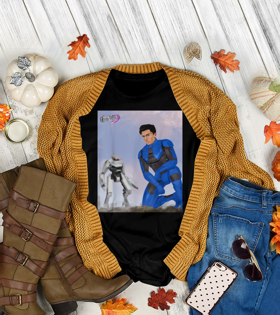 Foundra Neven in Blue Power Armor Kneeling with Mech in Background T-Shirt