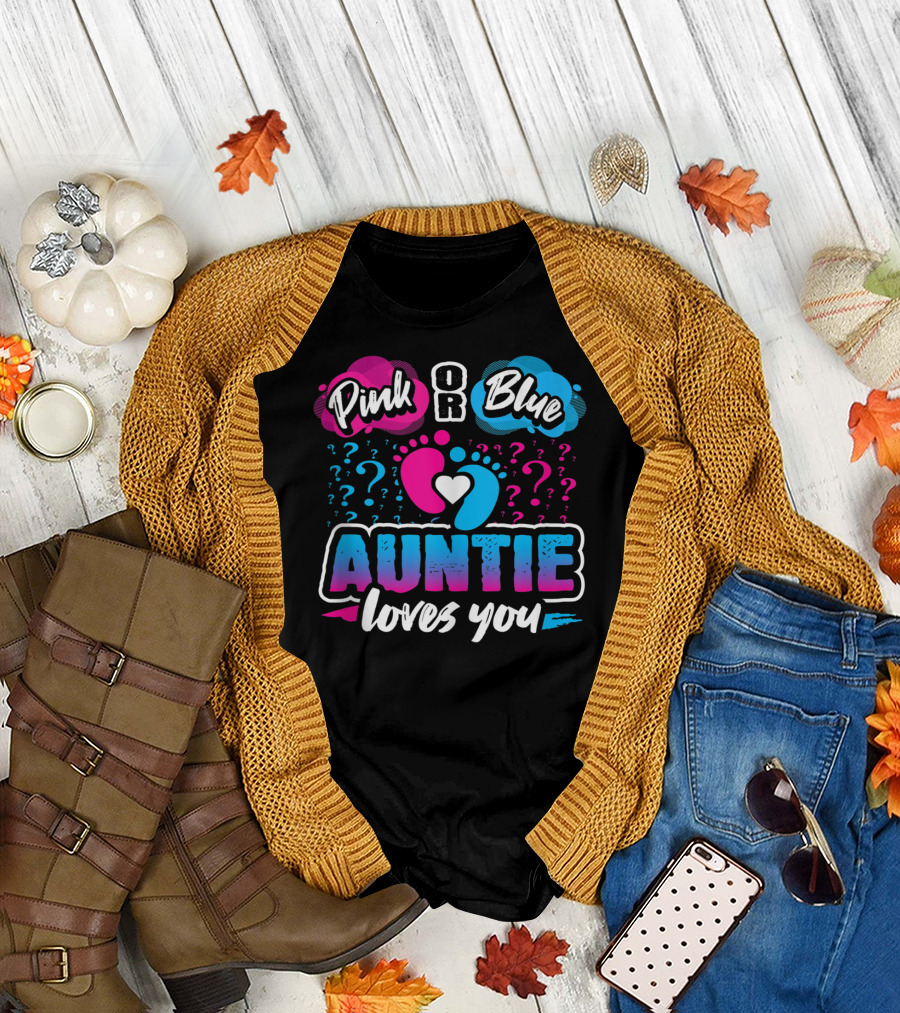 Pink or Blue Auntie Loves You Gender Reveal With Heart and Question Marks T-Shirt