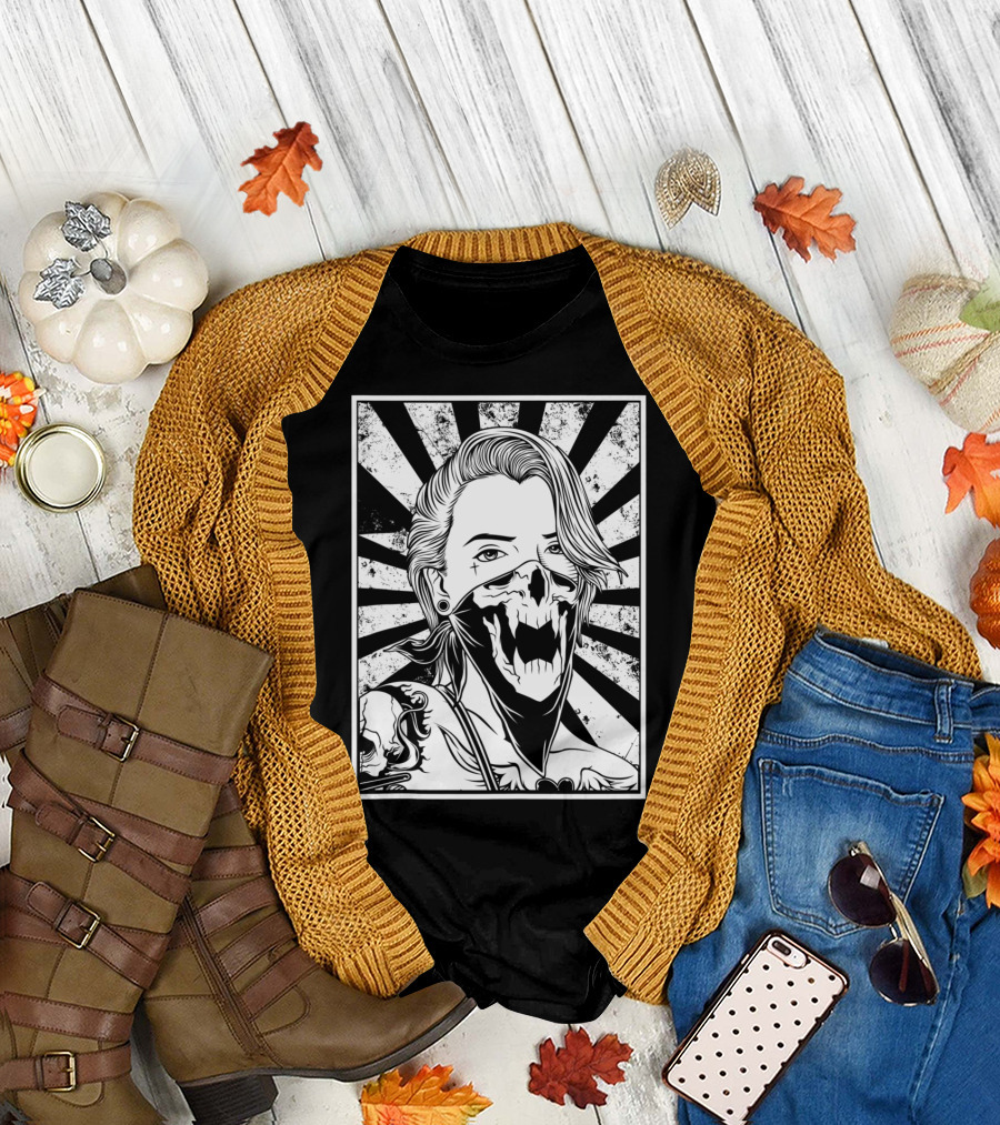 Punk Woman With Skull Mask and Tattoo Art for Fans of Skulls and Neck Tattoos T-Shirt
