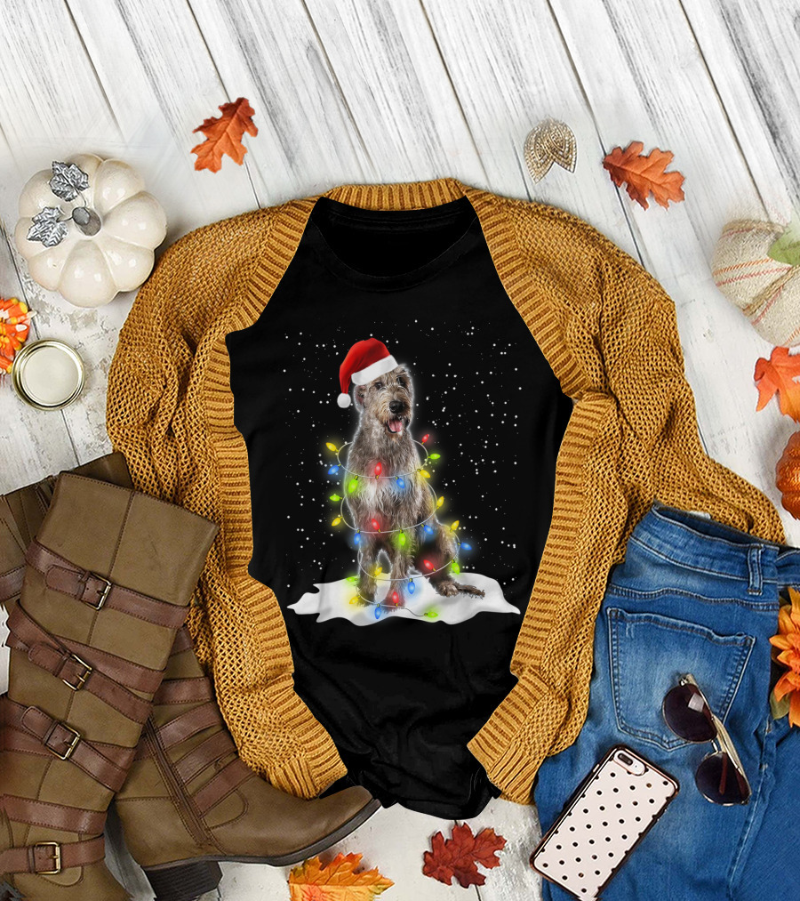 Scottish Deerhound Christmas Lights Santa Hat Snow Scene T-Shirt