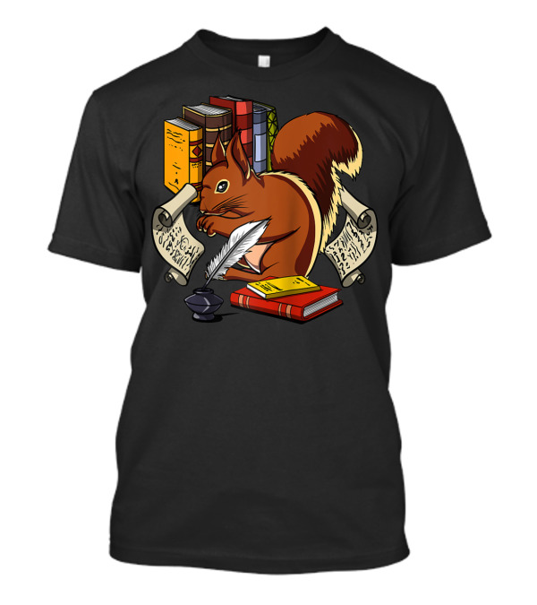 Squirrel Reading With Books Quill Scrolls Nerd Geek Student T-Shirt