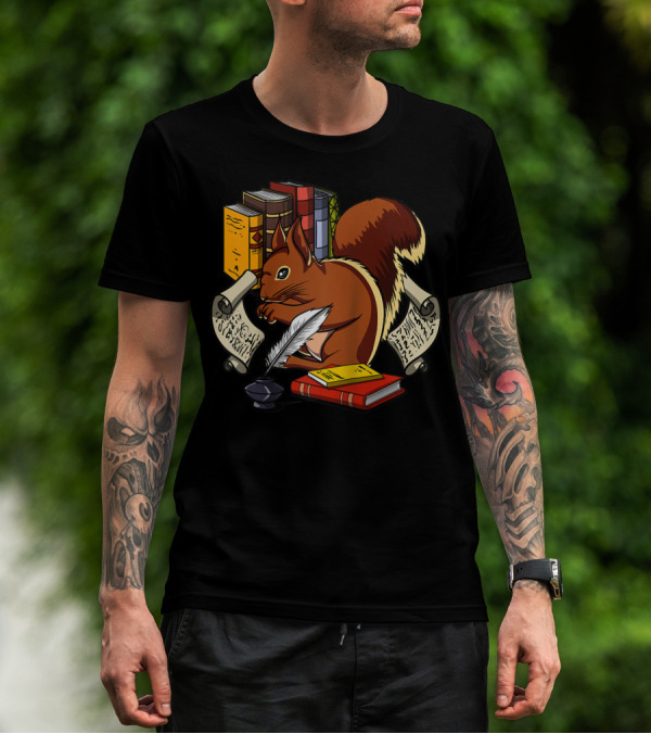 Squirrel Reading With Books Quill Scrolls Nerd Geek Student T-Shirt
