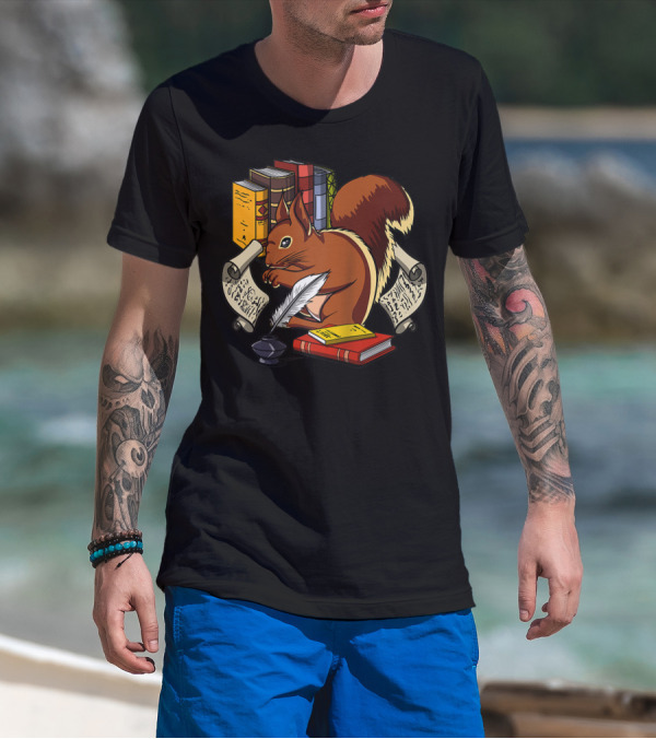 Squirrel Reading With Books Quill Scrolls Nerd Geek Student T-Shirt