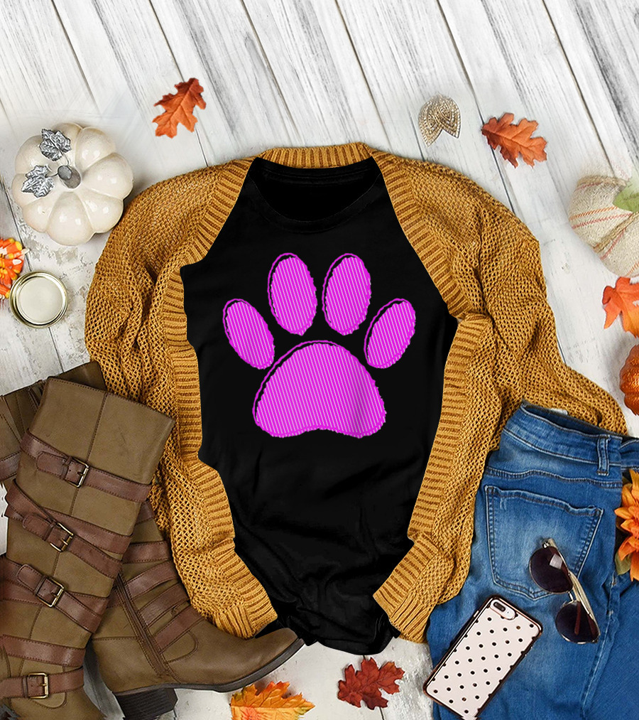 Striped Pink Puppy Paw Prints T-Shirt