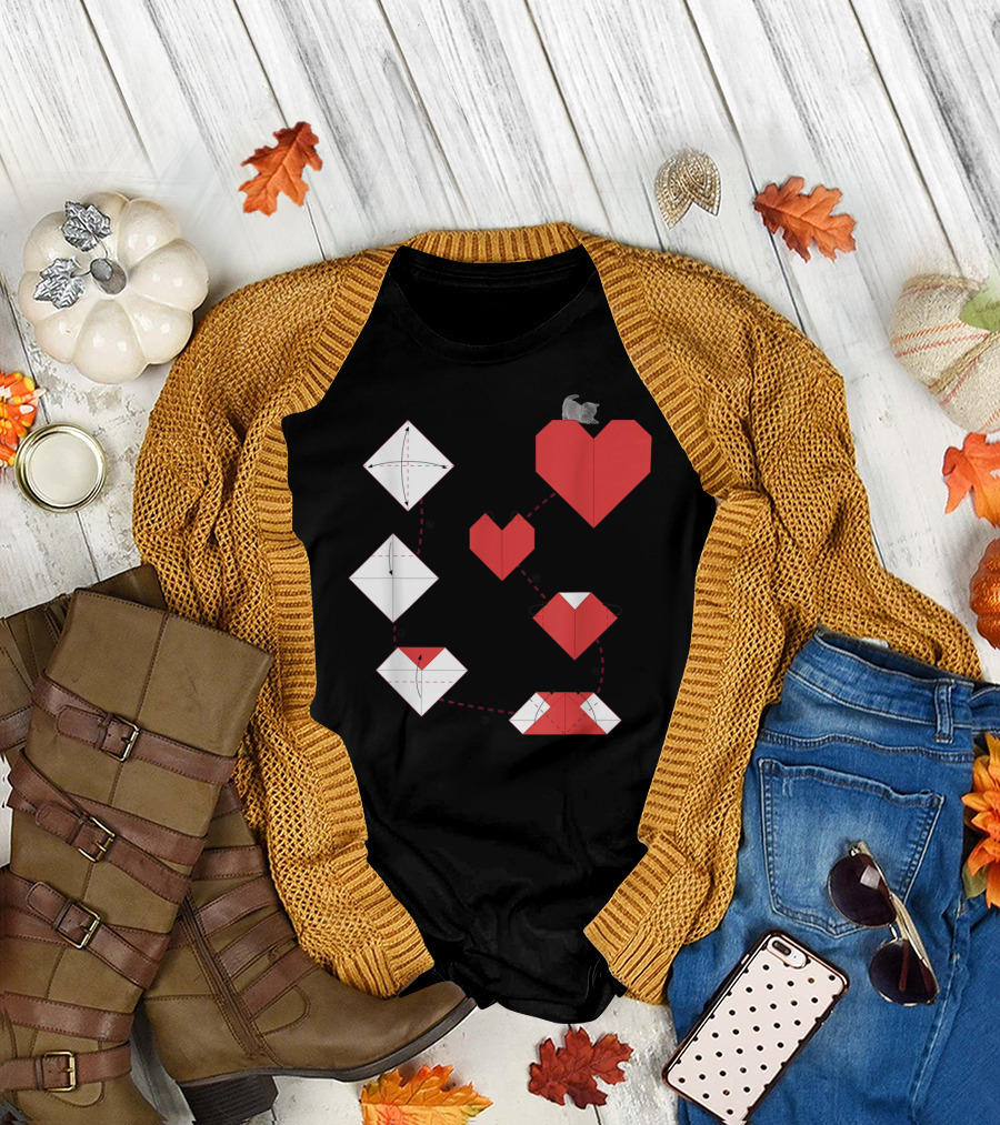 Sweet Red Heart Origami With Catkitten Transformation Steps T-Shirt