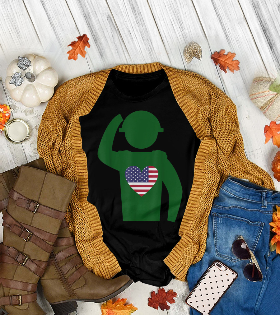 Veterans Day Patriot Soldier with Heart in USA Flag T-Shirt