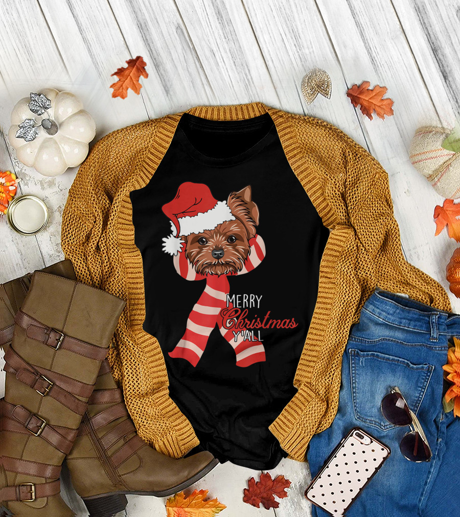 Yorkie Dog Merry Christmas Y'all Santa Hat and Scarf T-Shirt