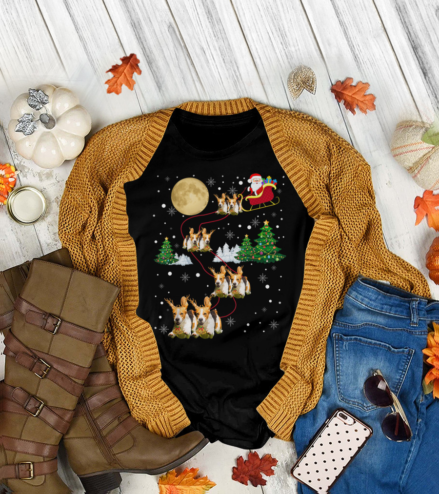 Beagle Dogs Christmas Tree with Santa Sleigh and Moon T-Shirt