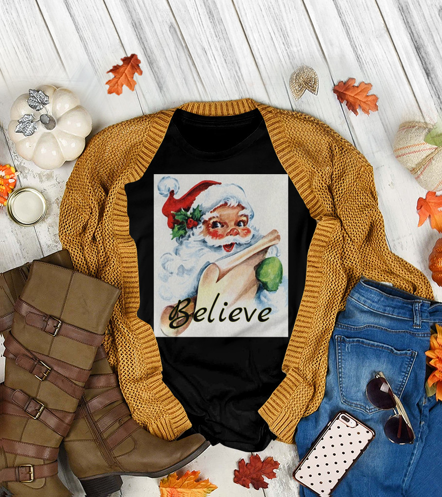 Believe Santa Claus Merry Christmas Vintage Holiday T-Shirt