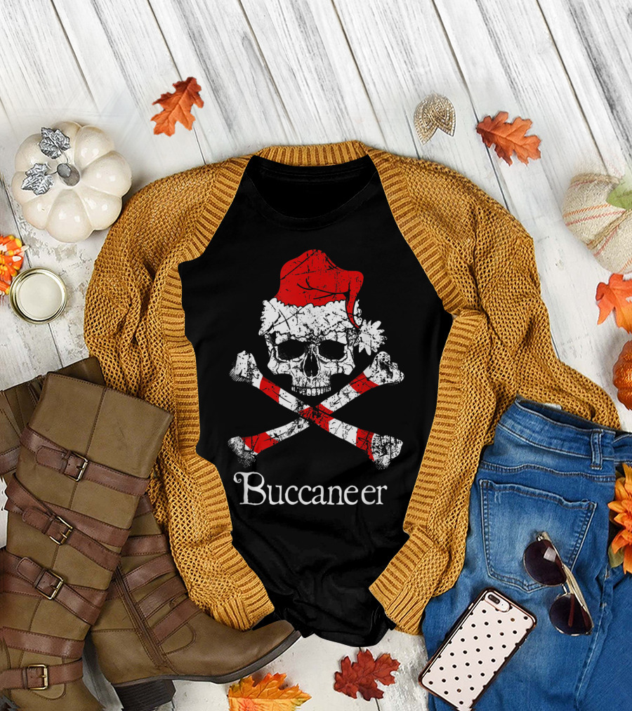 Buccaneer Pirate Christmas Jolly Roger Skull with Santa Hat and Crossed Candy Cane Bones T-Shirt