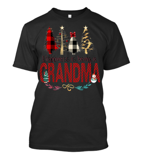 Happiness Is Being A Grandma Buffalo Plaid Leopard Christmas Tree T-Shirt