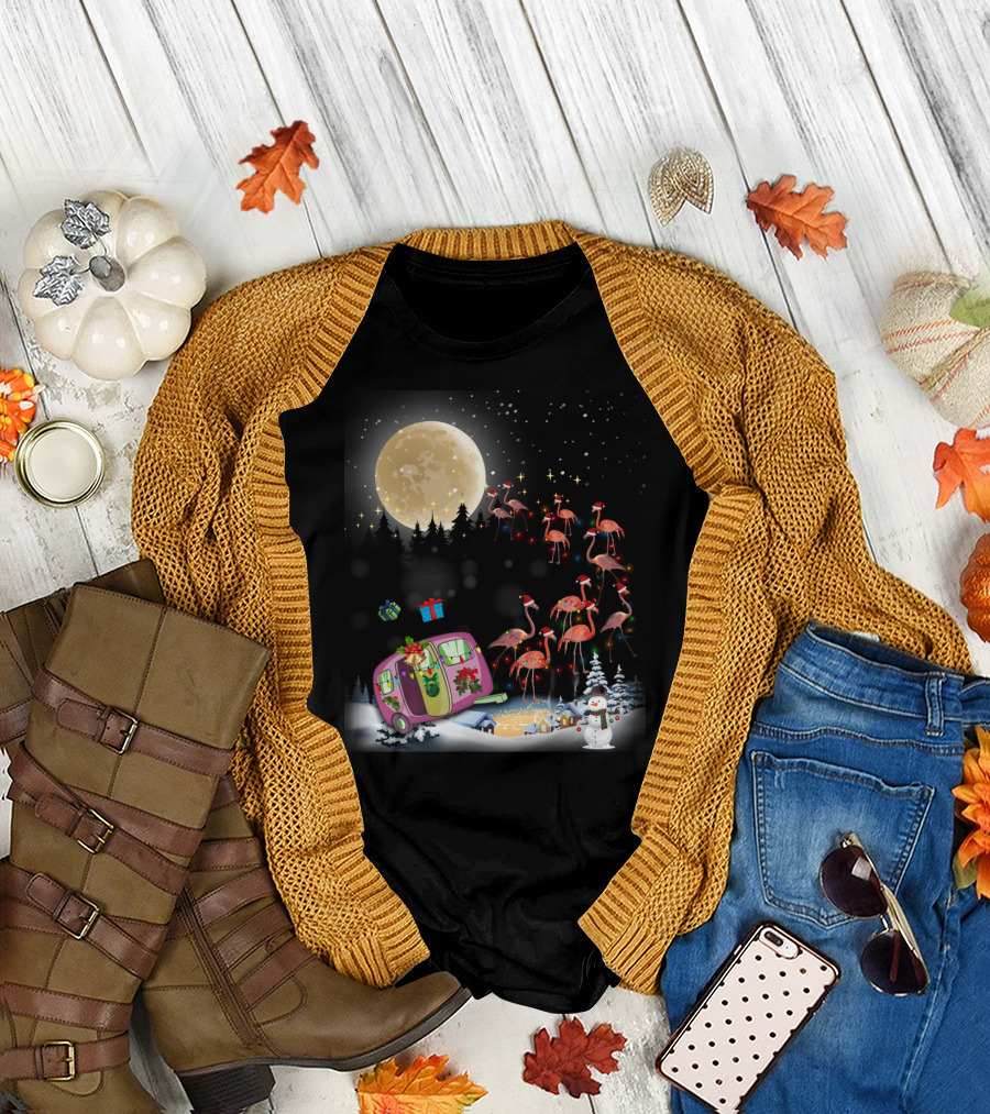 Flamingo Santa Christmas Camper Under Moonlit Snowy Night T-Shirt