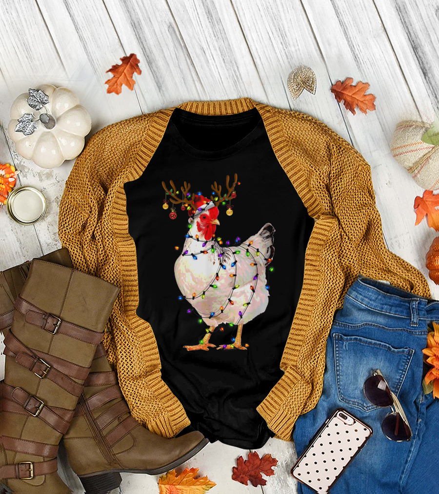 Funny Chicken Christmas Reindeer Lights T-Shirt