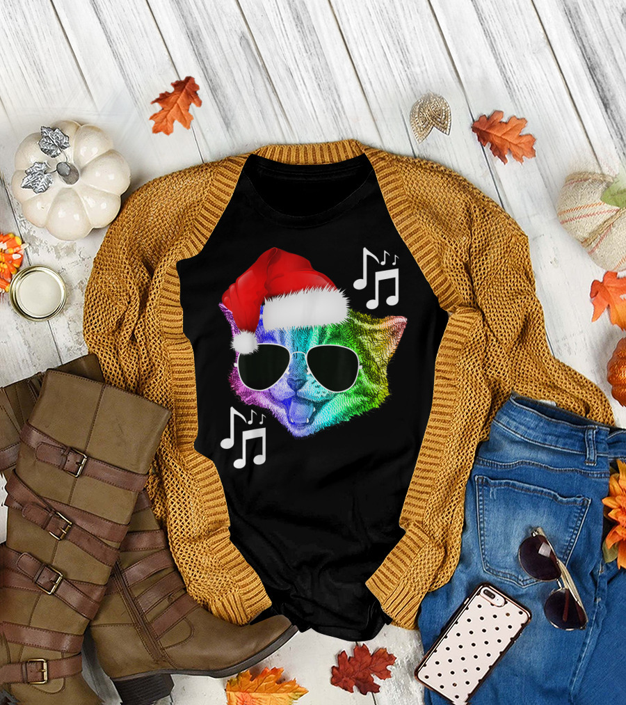 Funny Christmas Colorful Rainbow Music Kitty Cat with Santa Hat and Sunglasses T-Shirt