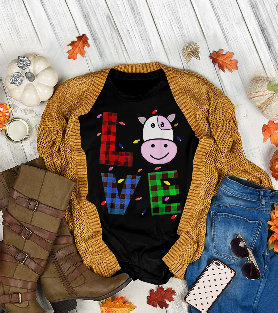 Love Cow Plaid Christmas Lights Mixed Colors T-Shirt