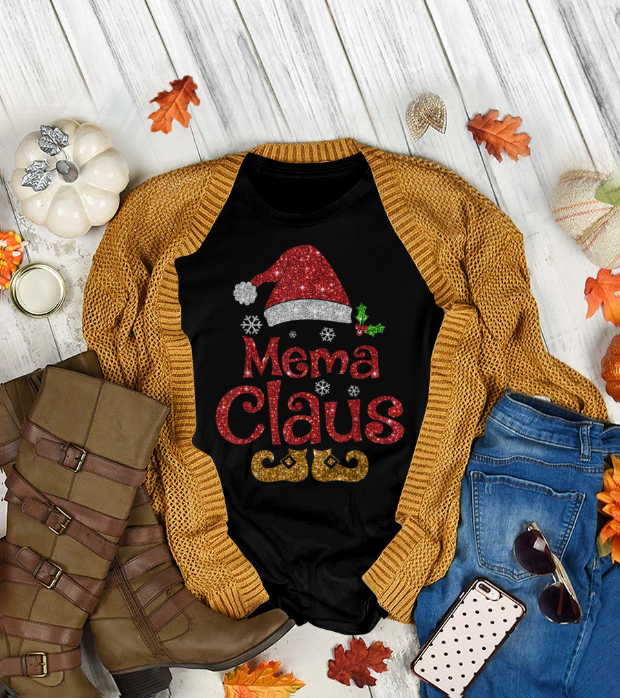 Mema Claus Glitter Santa Hat Holly Snowflakes Festive T-Shirt