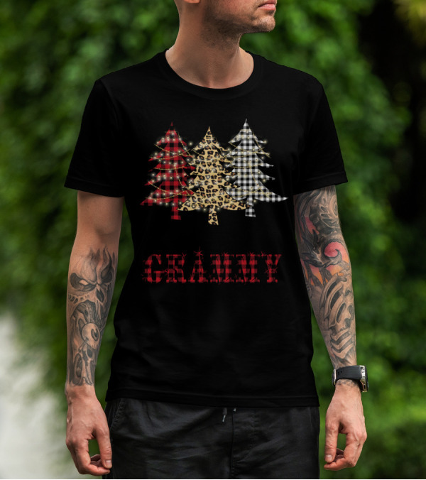 Happiness Is Being A Grammy Christmas Tree Buffalo Plaid Leopard Check Print T-Shirt