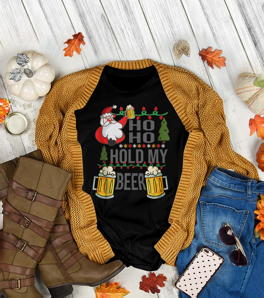 Santa Ho Ho Hold My Beer Christmas Lights and Mugs T-Shirt