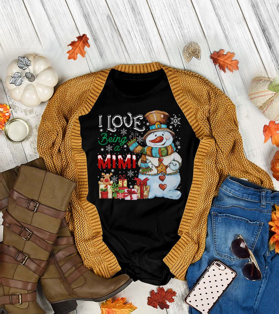 I Love Being a Mimi Snowman with Holiday Gifts and Snowflakes T-Shirt