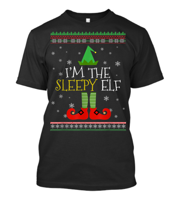 I'm The Sleepy Elf Christmas Hat Stripes Red Shoes Snowflakes T-Shirt