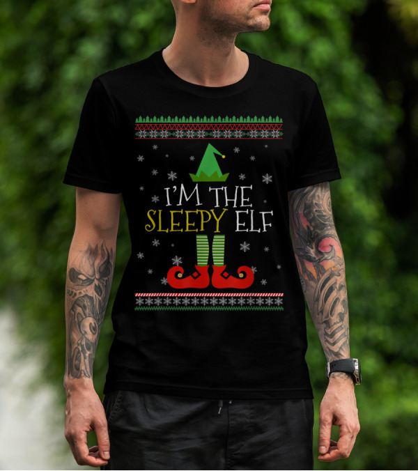 I'm The Sleepy Elf Christmas Hat Stripes Red Shoes Snowflakes T-Shirt