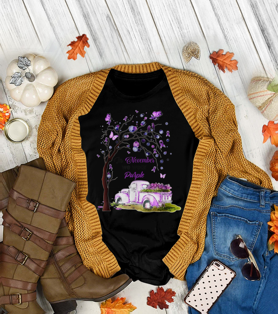 In November We Wear Purple Alzheimer's Awareness Tree and Vintage Truck T-Shirt